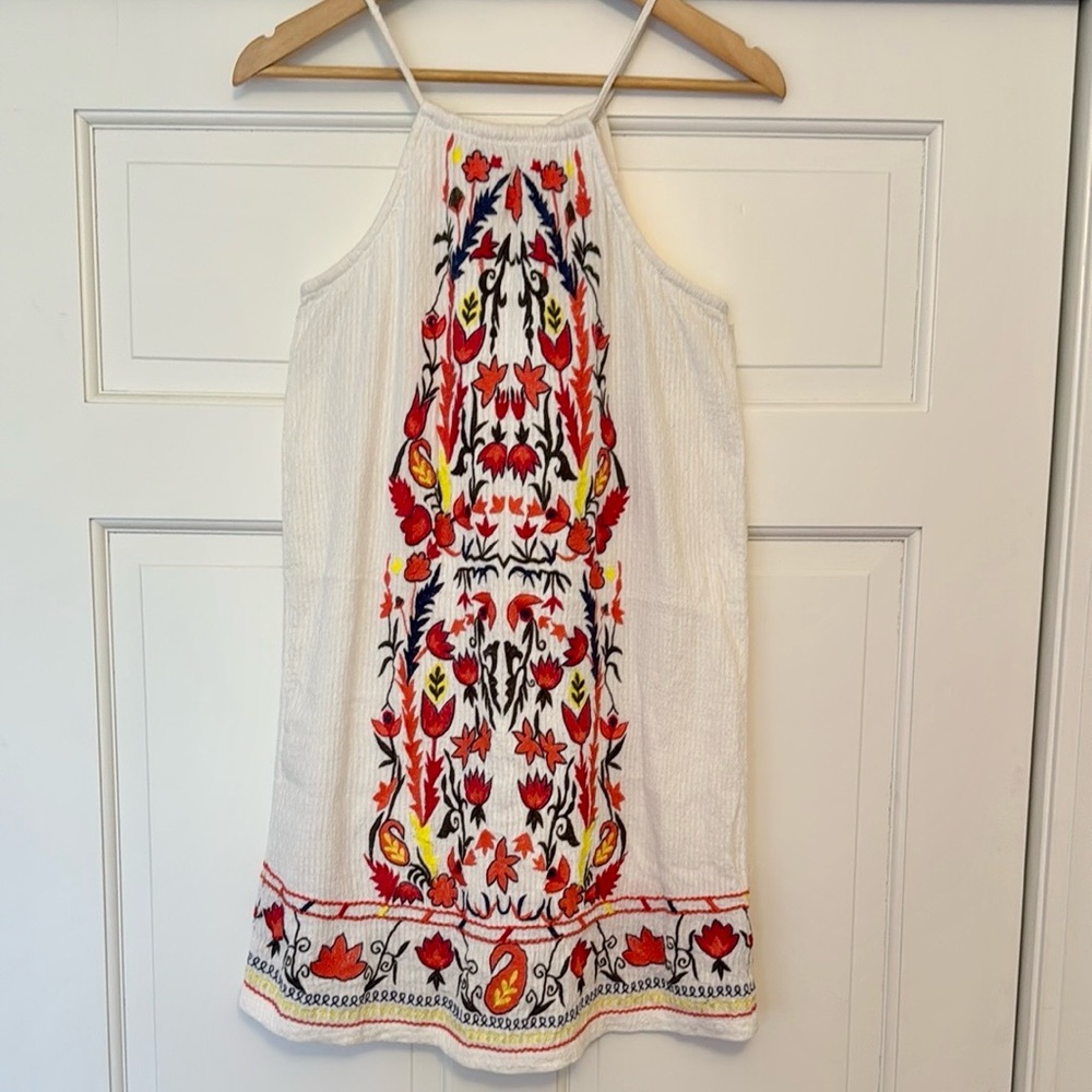 White Summer Multicolor Embroidered bohemian Halter Dress